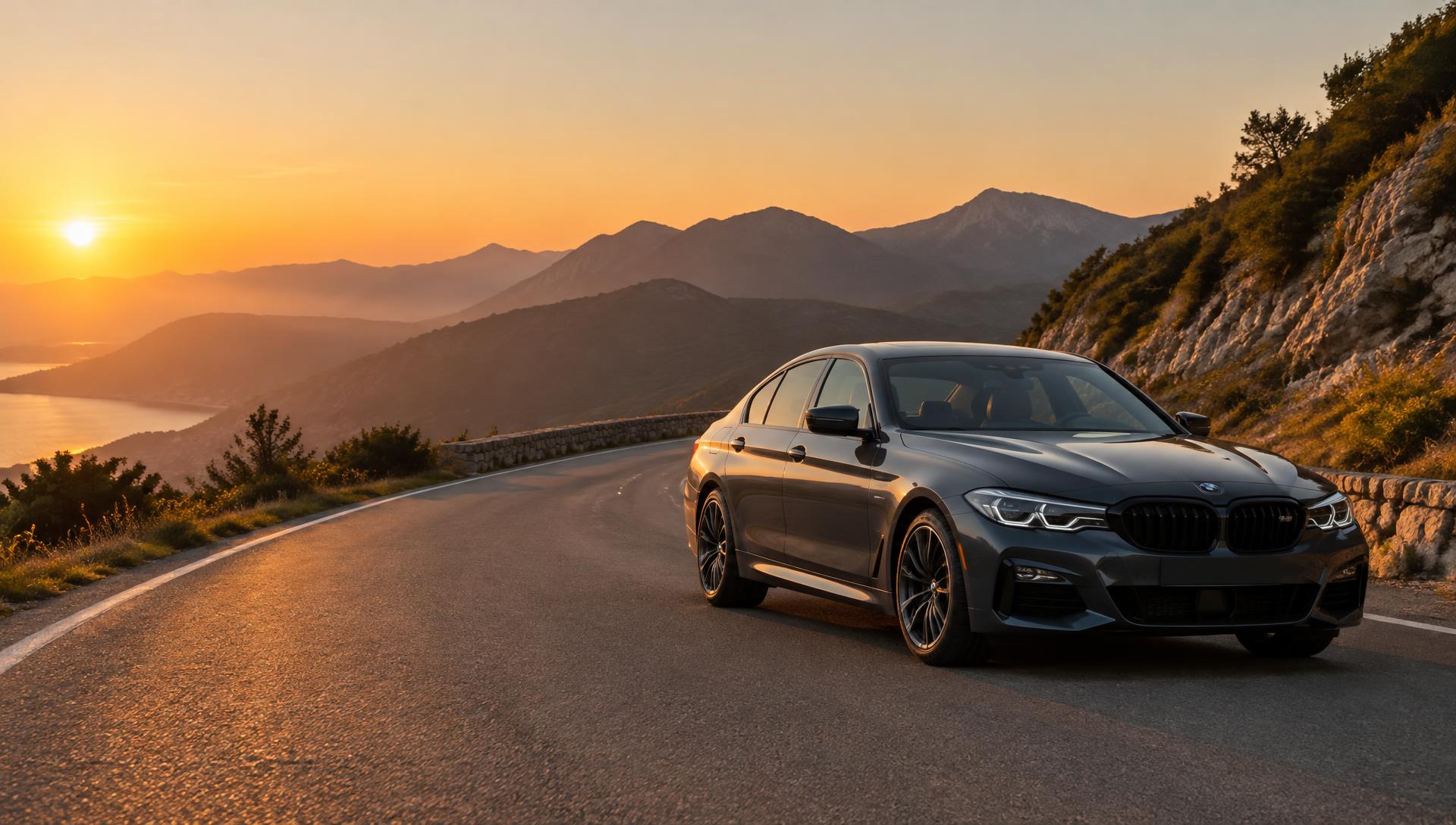 Berlina gris en una carretera de montaña al atardecer